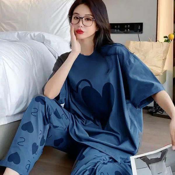 Blue Heart Print Women's Pajama Set