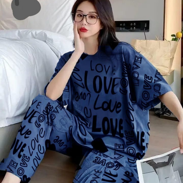 Blue "Love" Print Women's Pajama Set